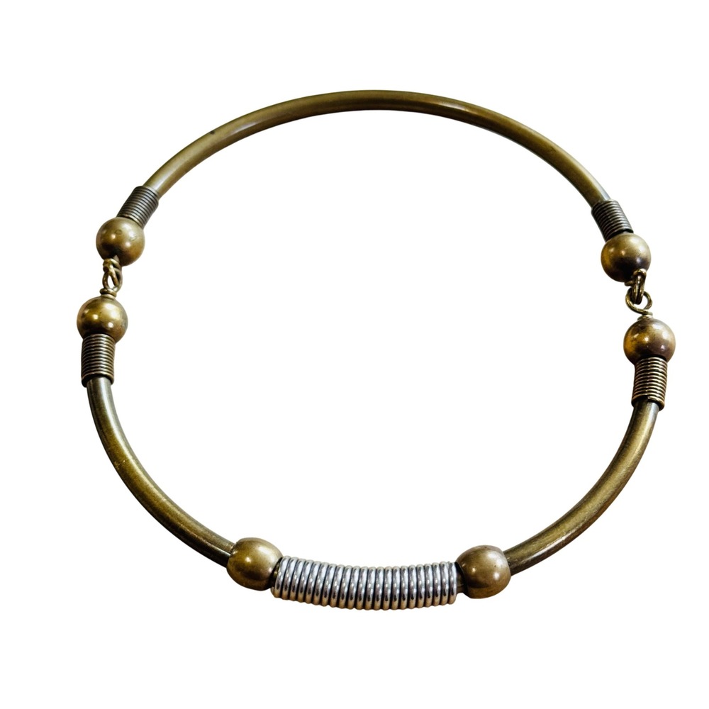 Choker Tube Necklace VTG Statement Collar Brass Silver Modernist MCM 70s 14"